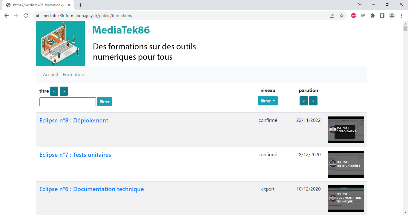 An overview of the different training videos available, with level and date of publication. Users can search for title and sort on title and date. It is also possible to filter on level.