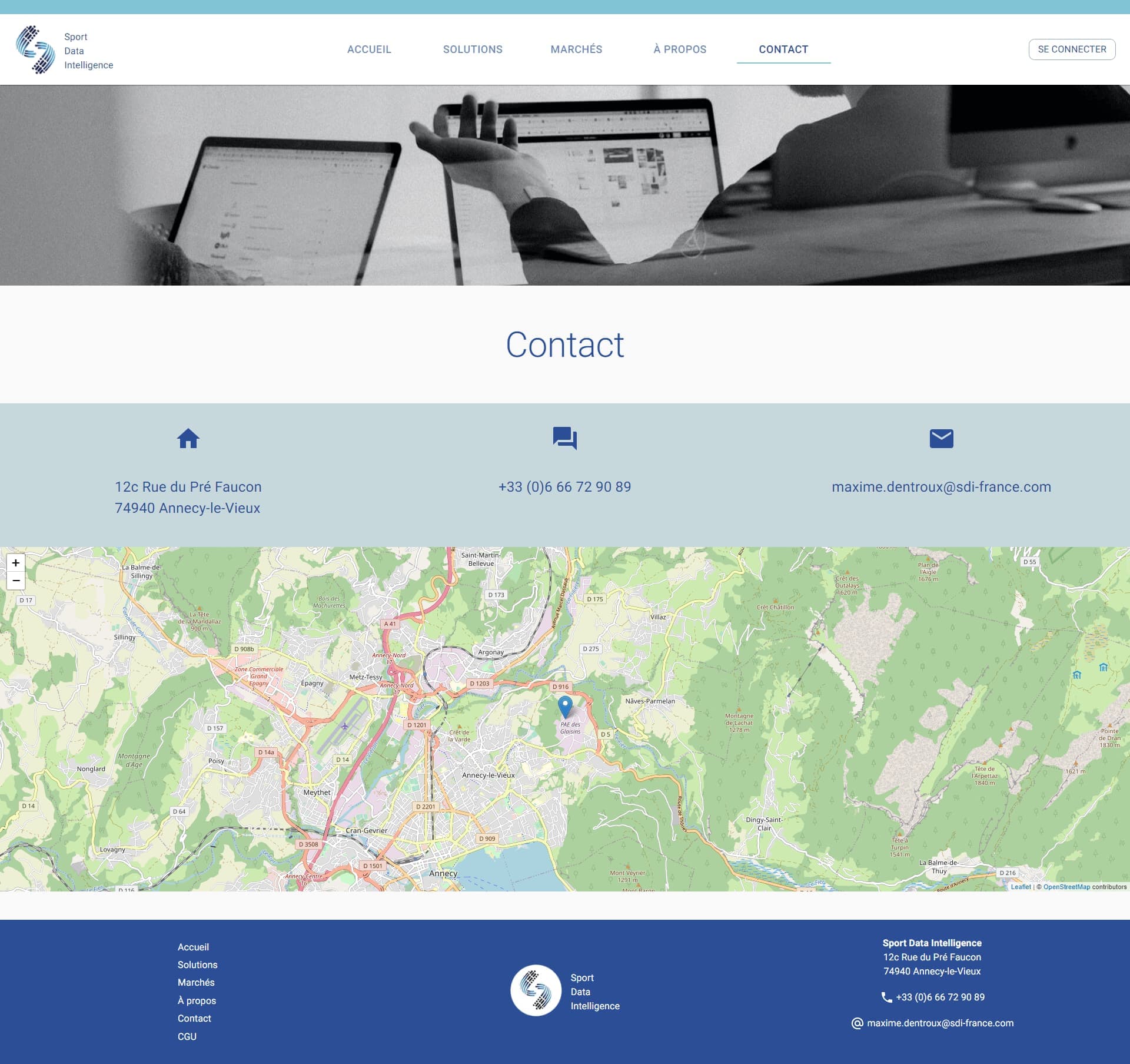 Contact page of the Sport Data Intelligence website including OpenStreetmaps plugin