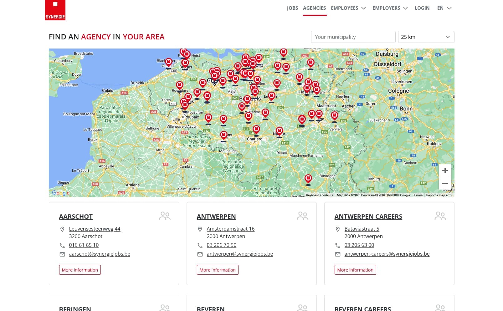 The 'offices' page where users can view and search offices all accross Belgium