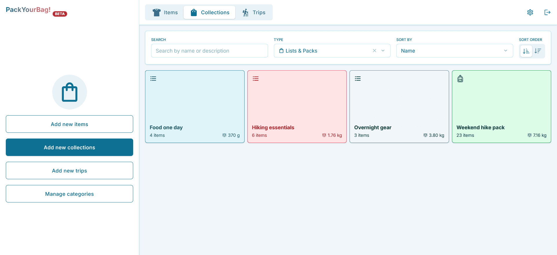 Desktop view of the collections interface