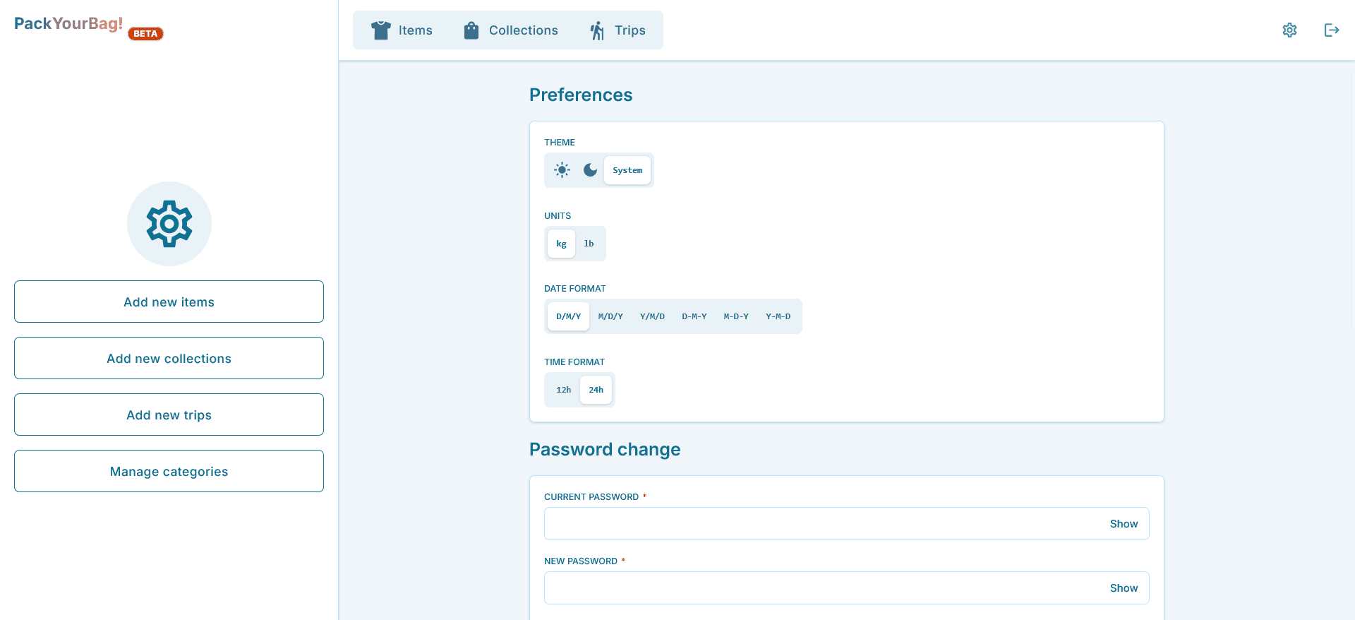 Desktop view of the user preferences panel