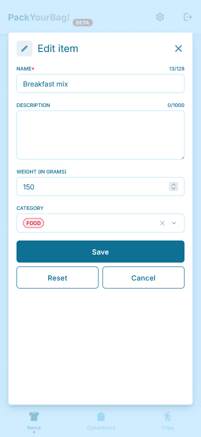 Mobile view of the item edit form