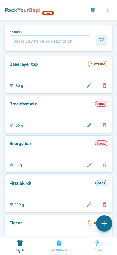 Mobile view of the items management interface
