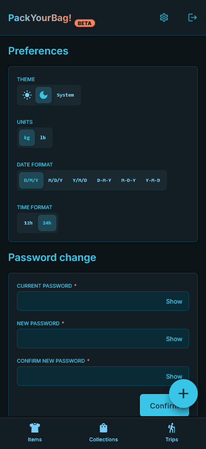 Mobile view of the user preferences panel
