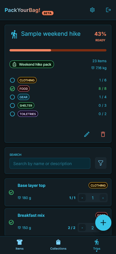 Mobile view of the trip and packing management interface